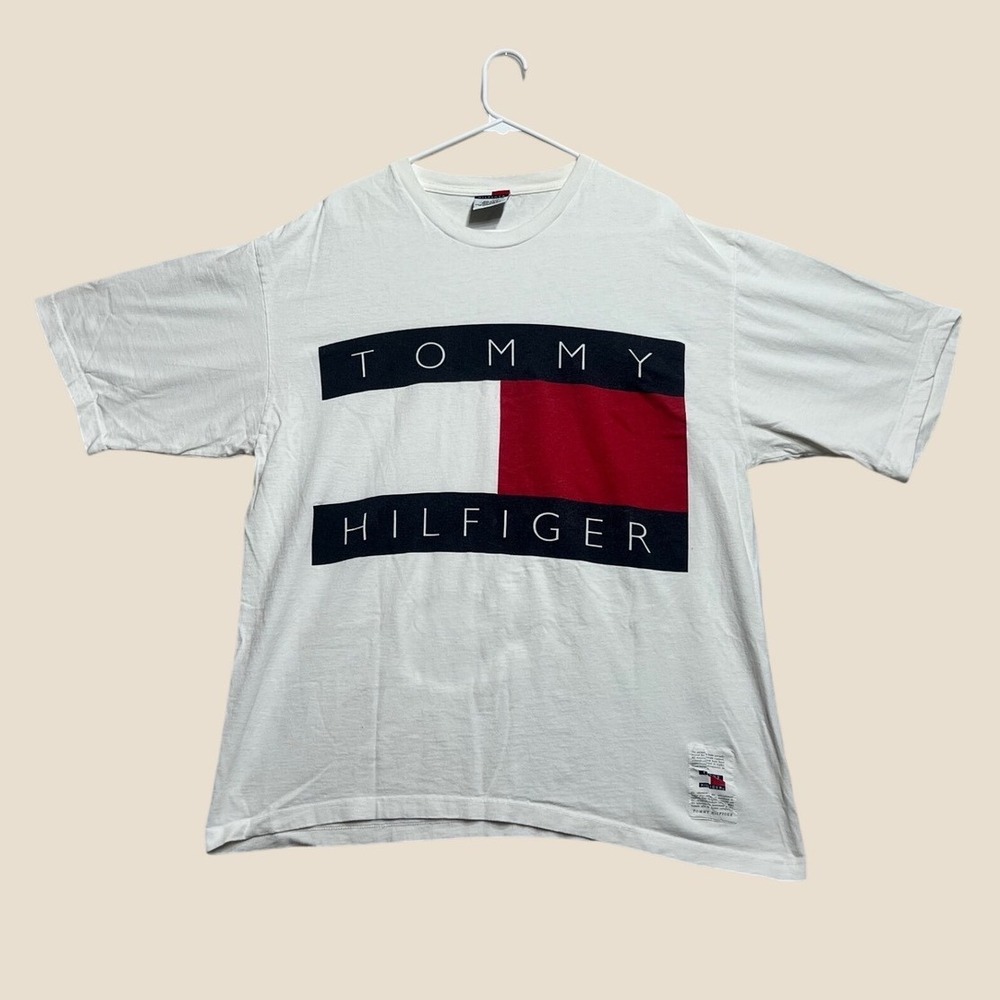 Tommy Hilfiger Vintage Big Flag Logo T-Shirt White XL Made in USA Y2K Streetwear